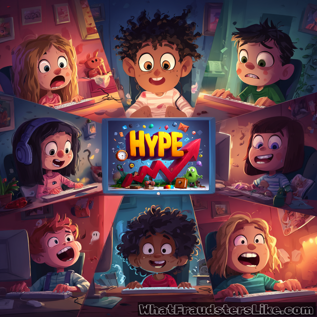 A group of diverse children are depicted in a split-screen layout, each reacting with expressions ranging from excitement to alarm as they interact with computers, all centered around a glowing screen displaying the word "HYPE" with an upward-trending graph and small, mischievous creatures.